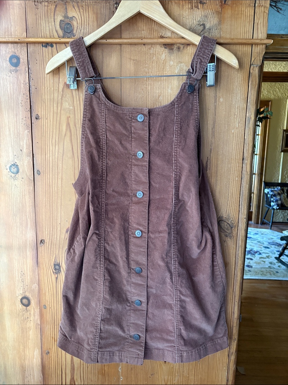 Cotton Brown Button-Front Corduroy Pinafore Dress